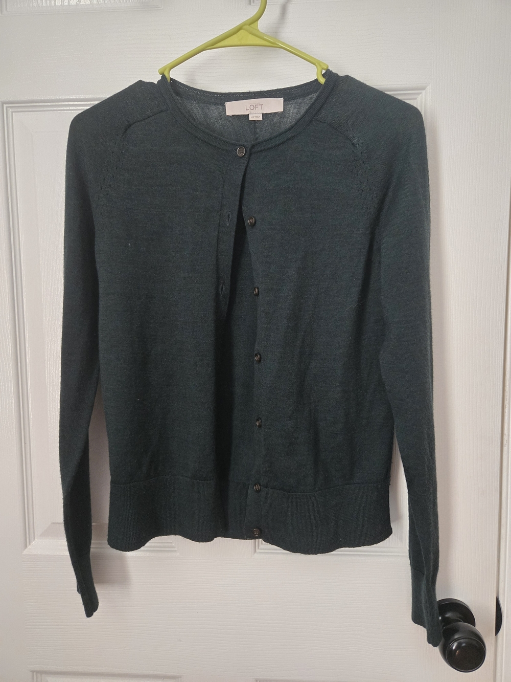 LOFT Dark Green Button-Up Crewneck Cardigan